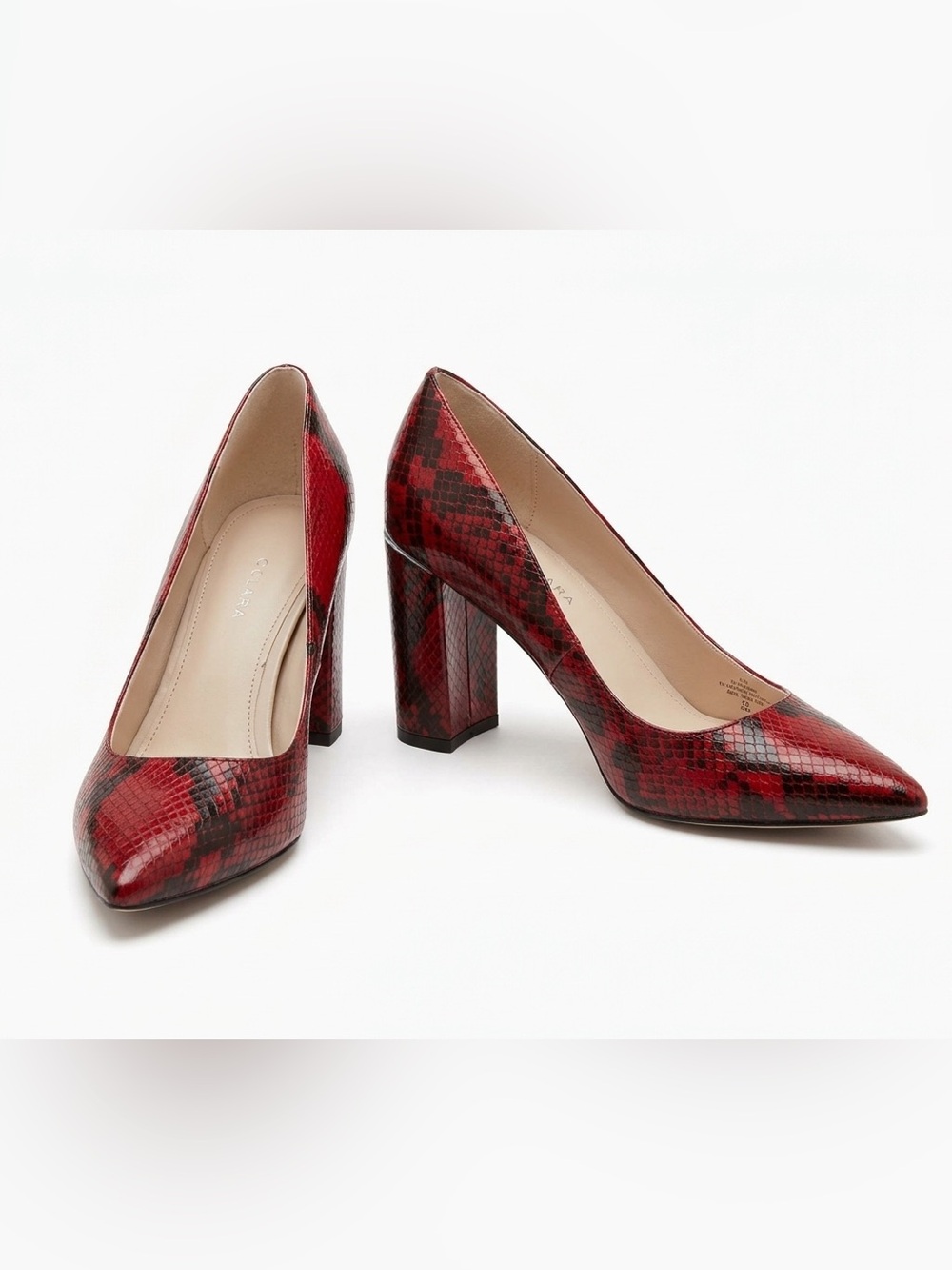 Marc Fisher Red and Black Snake-Print Pointed Toe Pumps • Size 8 •EUC
